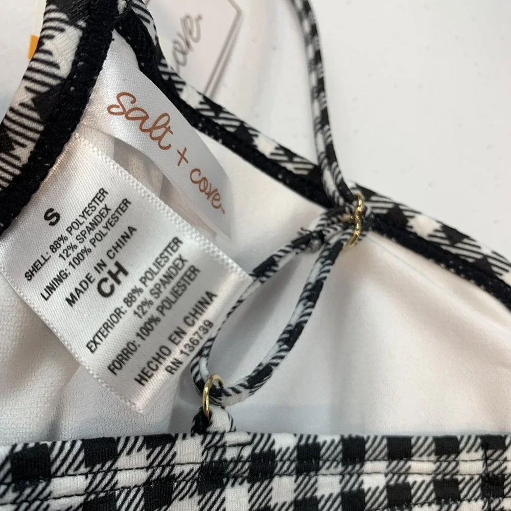 Salt & Cove Junior's Swim Bikini Top S Black White Gingham Plaid Underwire
